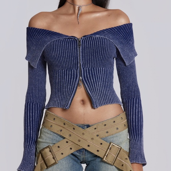 Jaded London Navy Ribbed Off-Shoulder Zip-Up Sweater - Picture 2 of 2